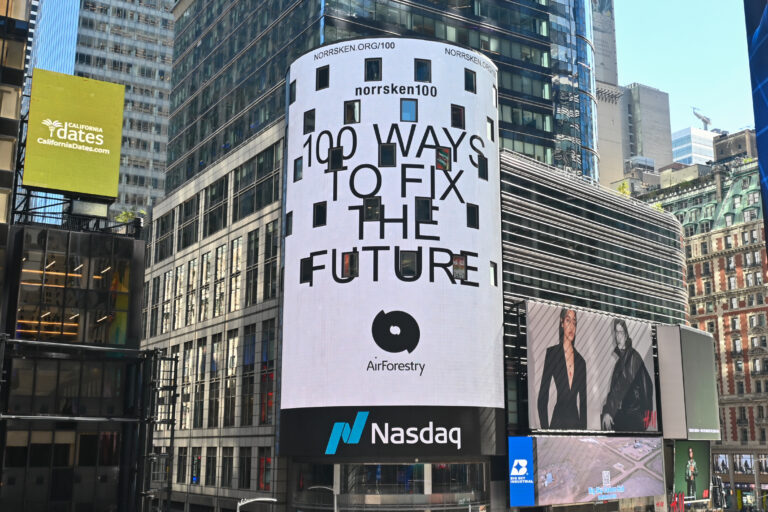 AirForestry’s logo displayed on the Nasdaq Tower in Times Square, New York City, announcing the company’s selection for the Norrsken100 2026, an annual list of 100 early-stage startups solving global challenges.